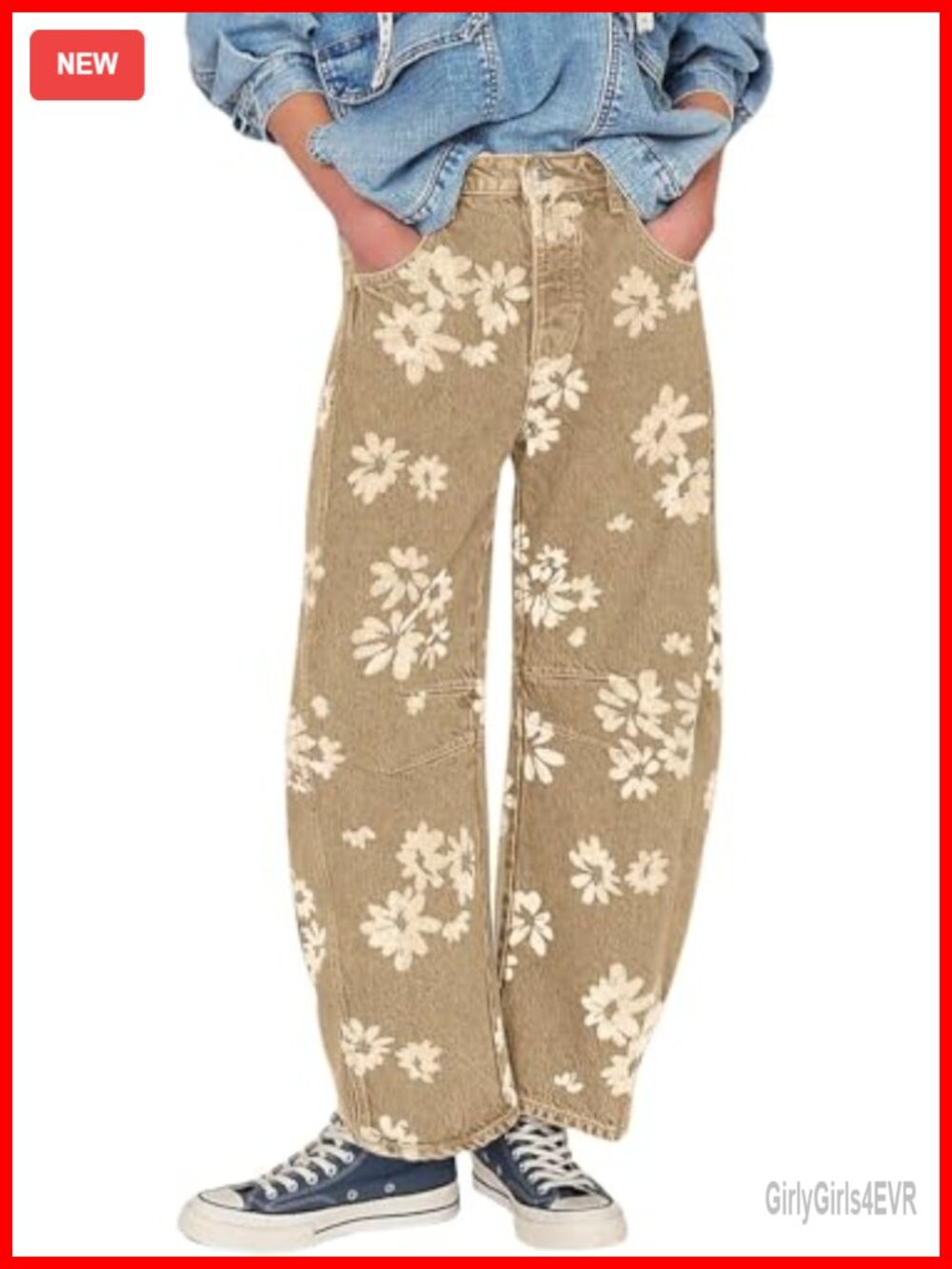 yoeasy Women's Mid Rise Baggy Barrel Jeans Floral Printed Wide Leg Ankle Denim